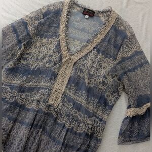 Johnny Was Blue and Cream Lace Mesh Maxi Dress